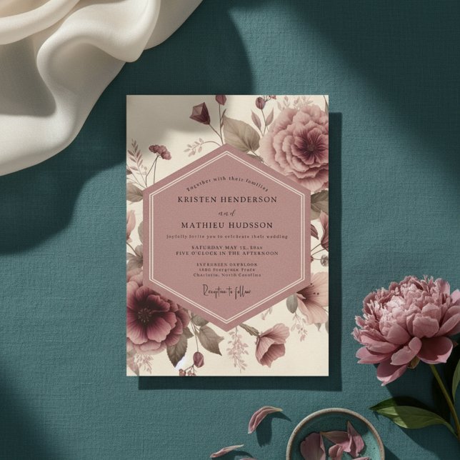Invitation Mariage Fleurie Rose Poussiéreuse Vintage (Créateur téléchargé)