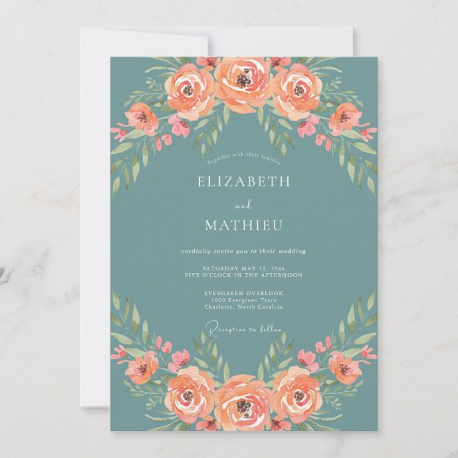 Invitation Mariage Fleurie Rose Sarcelle (Devant)