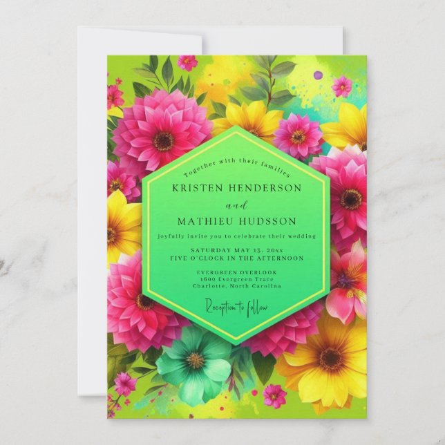 Invitation Mariage Fleurie Rose Vibrante (Devant)