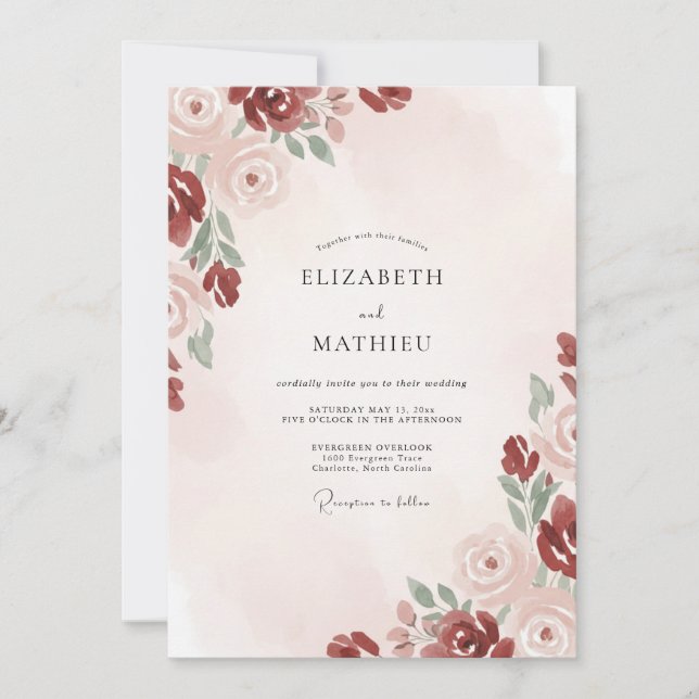Invitation Mariage Fleurie Rouge Carmine (Devant)