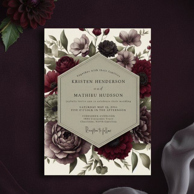 Invitation Mariage Fleurie Rouge Profond et Sombre (Créateur téléchargé)