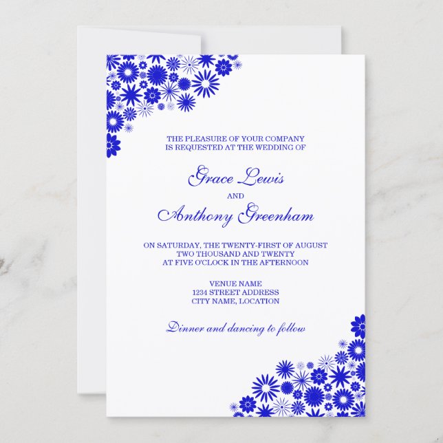Invitation Mariage Fleurie Royale Bleu (Devant)