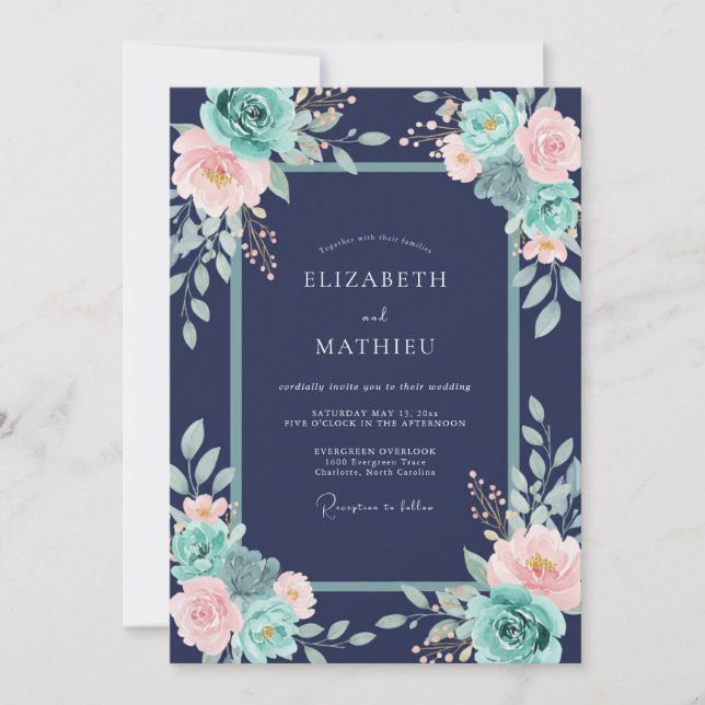 Invitation Mariage Fleurie Splendide Bleu Marine (Devant)