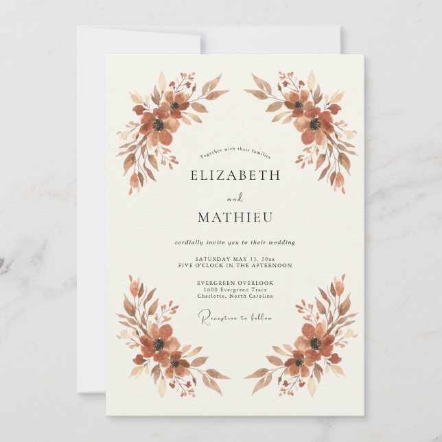 Invitation Mariage Fleurie Terracotta à l'Aquarelle (Devant)