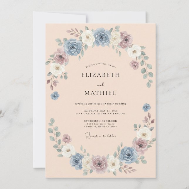 Invitation Mariage Fleurie Tissée Pervenche (Devant)