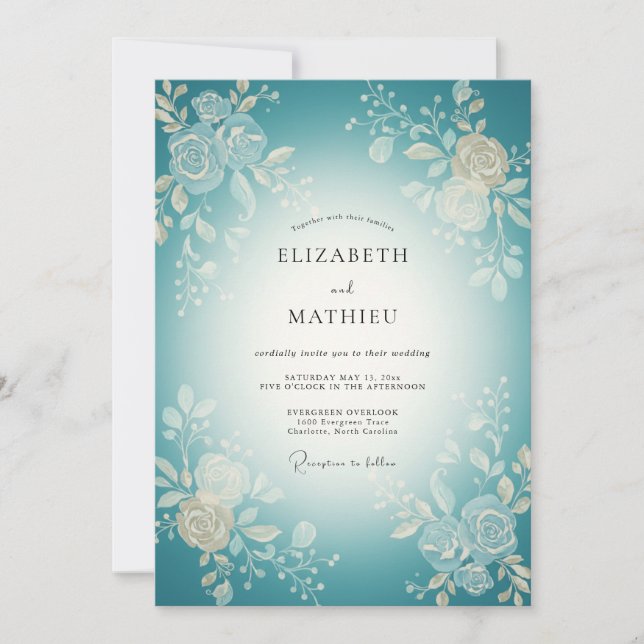 Invitation Mariage Fleurie Tissée Sarcelle (Devant)