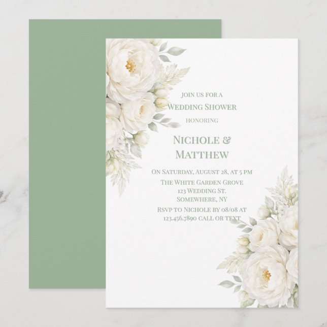 Invitation Mariage Fleurie Tout en Blanc (Devant / Derrière)