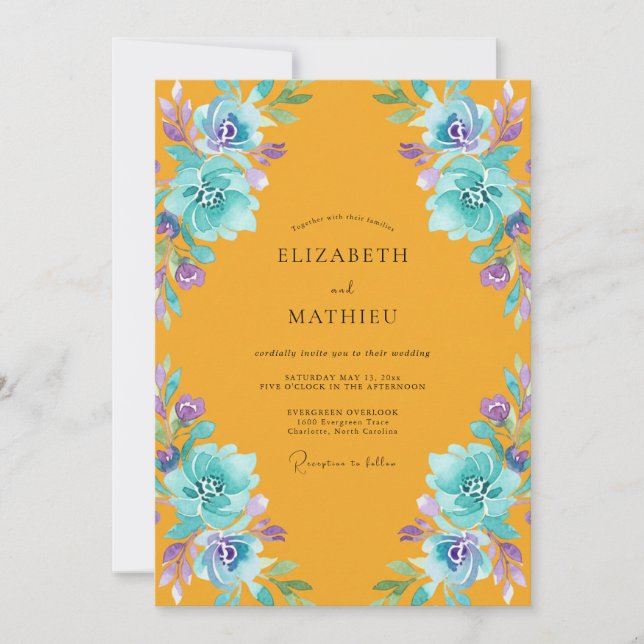 Invitation Mariage Fleurie Turquoise Ambre (Devant)