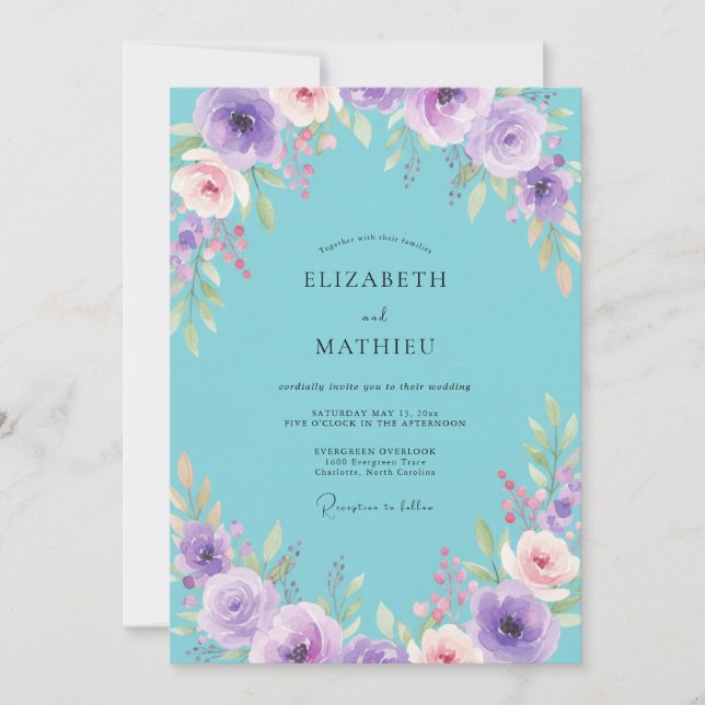 Invitation Mariage Fleurie Turquoise Améthyste (Devant)