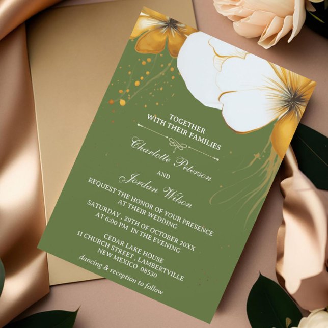 Invitation Mariage Fleurie Vert Olive et Or (Créateur téléchargé)