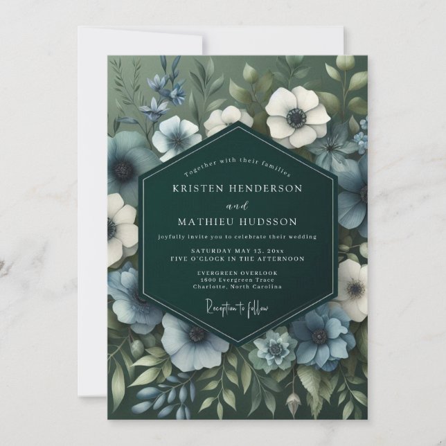 Invitation Mariage Fleurie Verte Bleu Ardoise (Devant)
