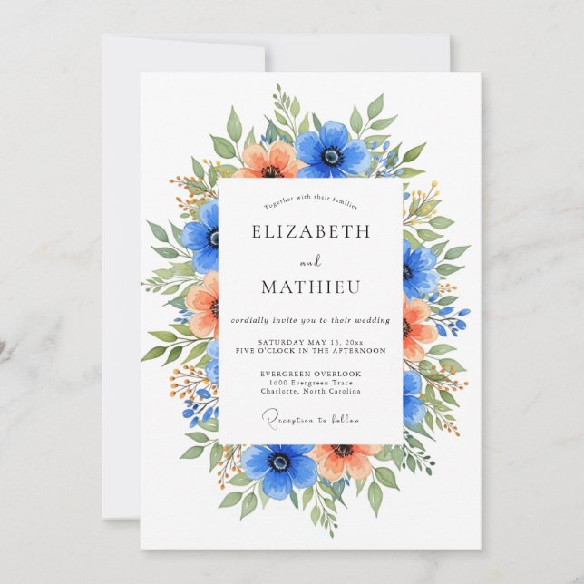 Invitation Mariage Fleurie Vibrante Bleu Orange (Devant)