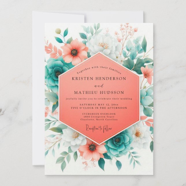Invitation Mariage Fleurie Vibrante de Corail et de Sarcelle (Devant)