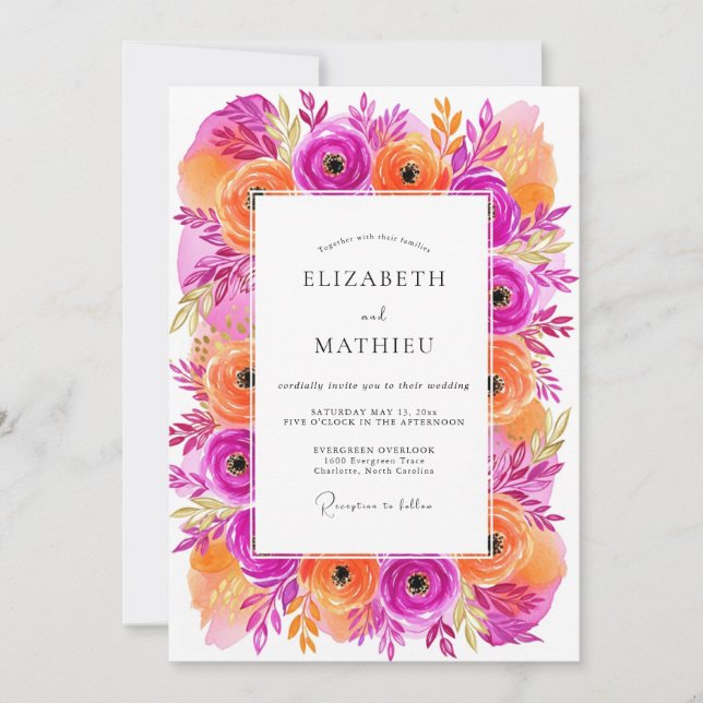 Invitation Mariage Fleurie Vibrante Magenta (Devant)