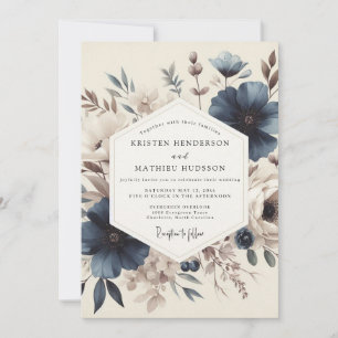 Invitation Mariage Fleurie Vintage Bleu Ardoise