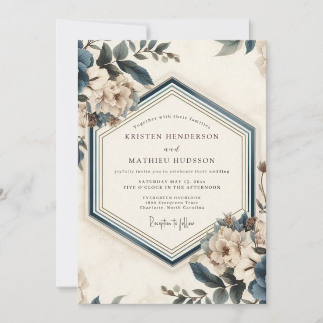 Invitation Mariage Fleurie Vintage Bleu Ardoise (Devant)