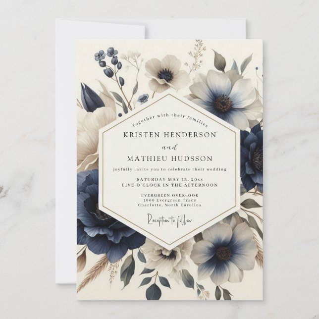Invitation Mariage Fleurie Vintage Navy (Devant)