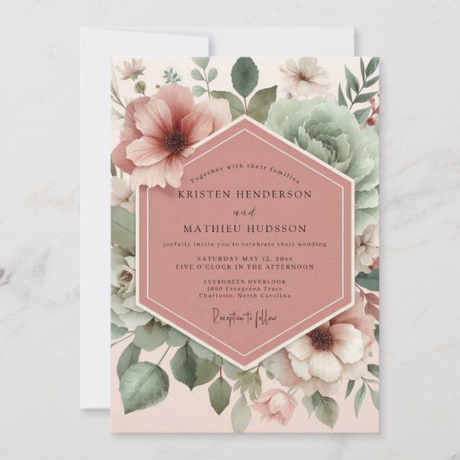 Invitation Mariage Fleurie Vintage Rose Poussiéreuse (Devant)