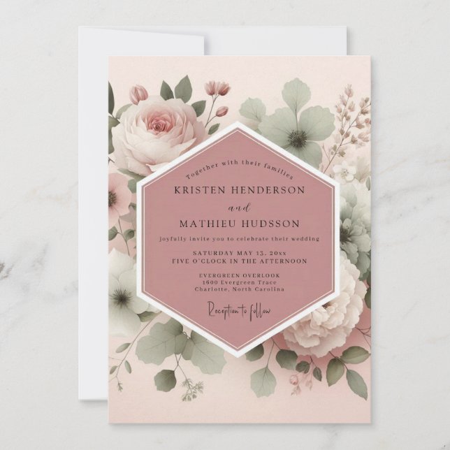 Invitation Mariage Fleurie Vintage Rose Poussiéreuse (Devant)