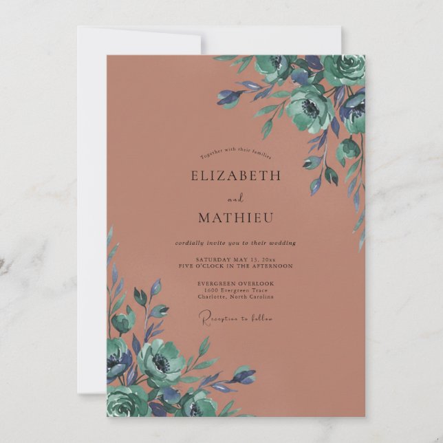 Invitation Mariage Fleurie Vintage Sarcelle (Devant)