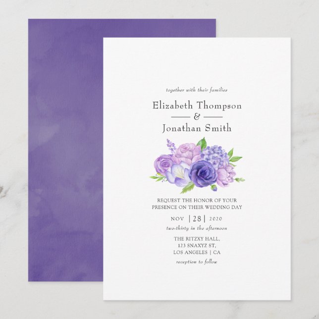 Invitation Mariage Fleuris Aquarelle Ultra Violet (Devant / Derrière)