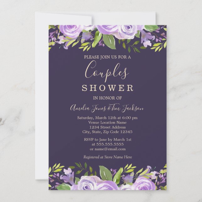 Invitation Mariage Fleuris Aquarelle Violette pour Couples (Devant)