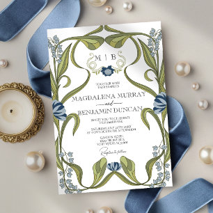 Invitation Mariage Fleuris Art Nouveau Bleu Poussiéreux Navy