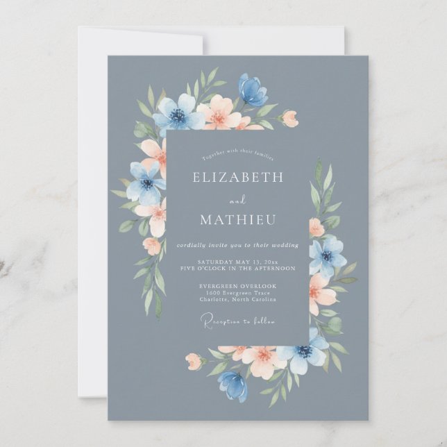Invitation Mariage Fleuris Bleu Acier Délicat (Devant)