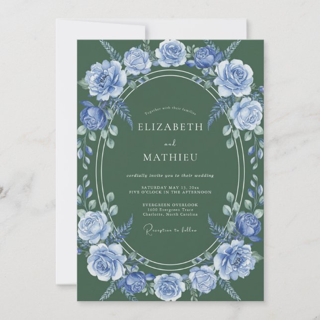 Invitation Mariage Fleuris Bleu Ardoise Laurier (Devant)