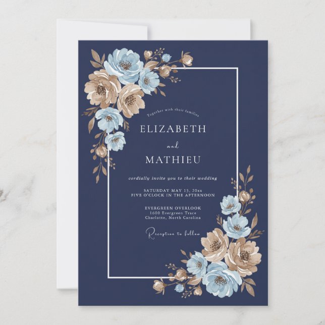 Invitation Mariage Fleuris Bleu Nuit et Or (Devant)