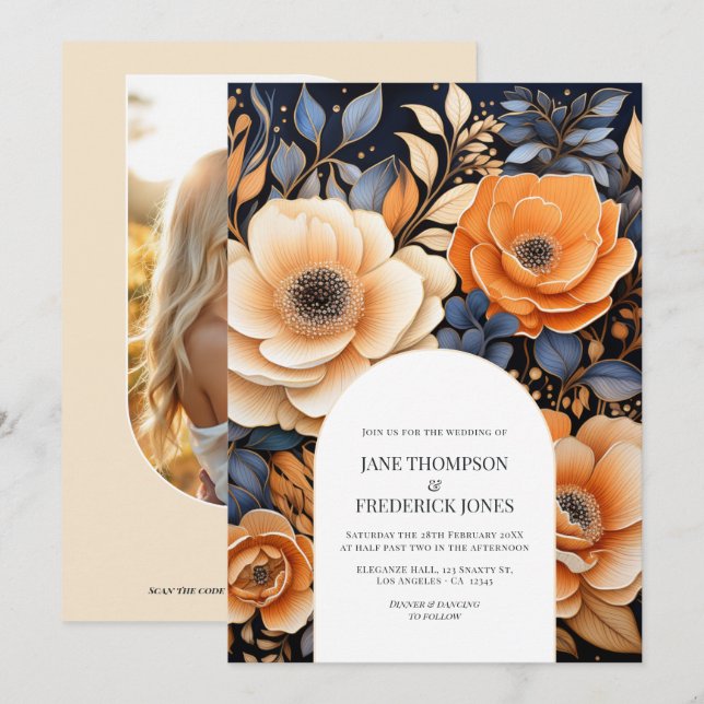 Invitation Mariage Fleuris Bleu Nuit, Orange Brûlé et Champag (Devant / Derrière)