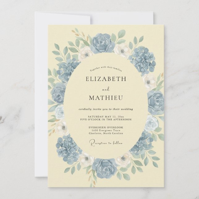 Invitation Mariage Fleuris Bleu Poussiéreux Doux (Devant)