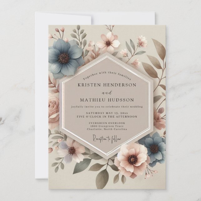 Invitation Mariage Fleuris Bleu Poussiéreux Vintage (Devant)