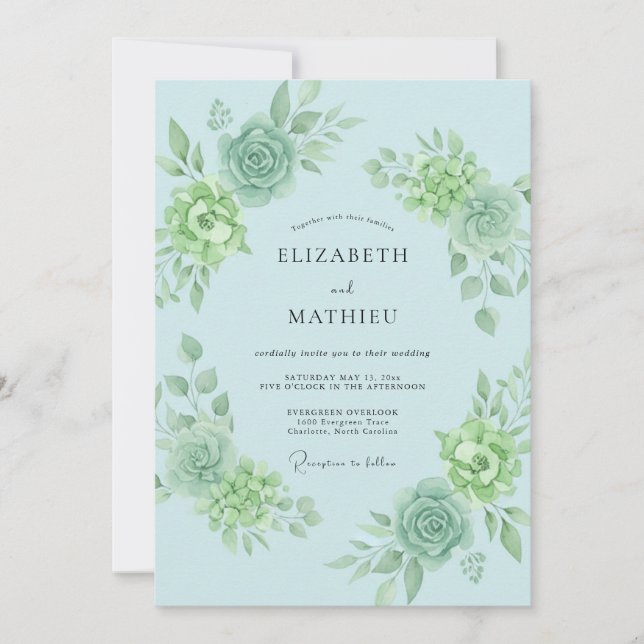 Invitation Mariage Fleuris Botaniques Bleu Ciel (Devant)