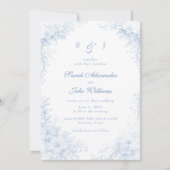 Invitation Mariage Fleuris Chinoiserie Bleue (Devant)