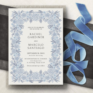 Invitation Mariage Fleuris Classique Bleu Poussiéreux