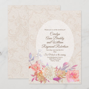 Invitation Mariage Fleuris Coloré Damassé à Fleur de Tan