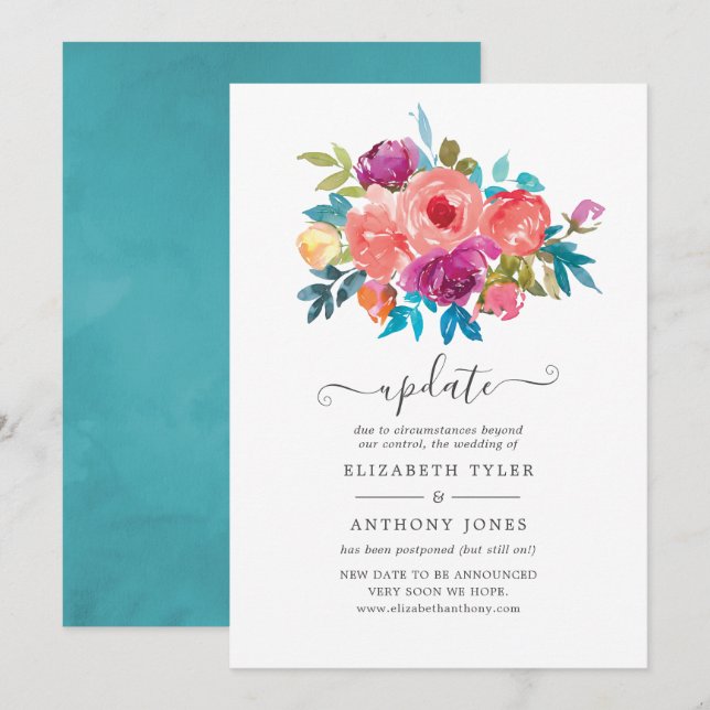 Invitation Mariage Fleuris Corail, Turquoise et Violet Mise à (Devant / Derrière)
