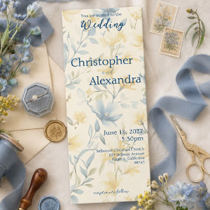 Invitation Mariage Fleuris Crème et Bleu Aquarelle Pâle