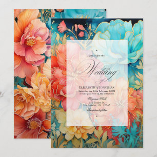 Invitation Mariage Fleuris de Corail, Turquoise et Or