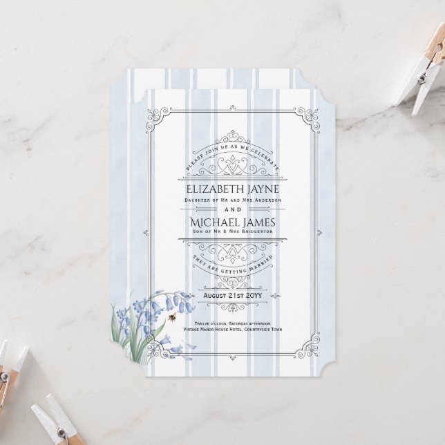 Invitation Mariage Fleuris de Jacinthes et Abeilles Rayure Hé (Devant/Arrière en situation)