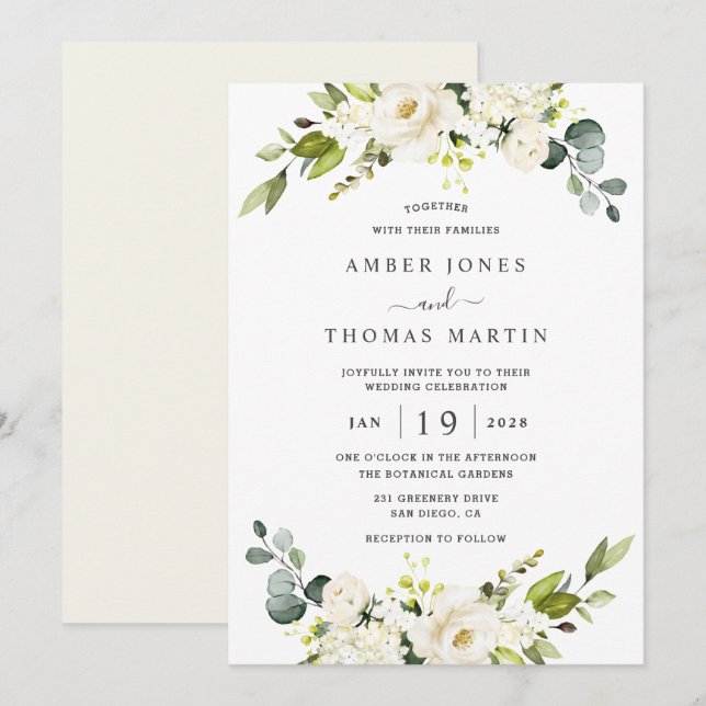 Invitation Mariage Fleuris Élégant Blanc Ivoire  (Devant / Derrière)