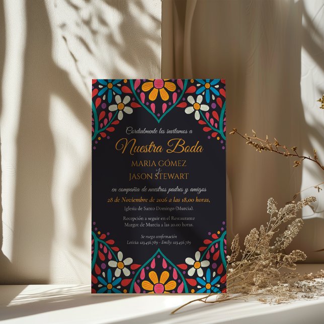 Invitation Mariage Fleuris Floraux Noirs Boda Espagnol (Black Floral Colorful Flowers Boda Spanish Wedding Invitation)