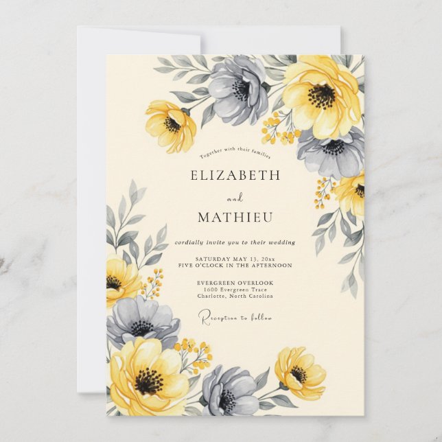 Invitation Mariage Fleuris Jaune Charbon de Bois Frappant (Devant)