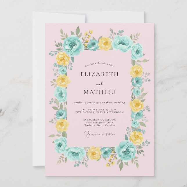 Invitation Mariage Fleuris Jaune et Sarcelle (Devant)