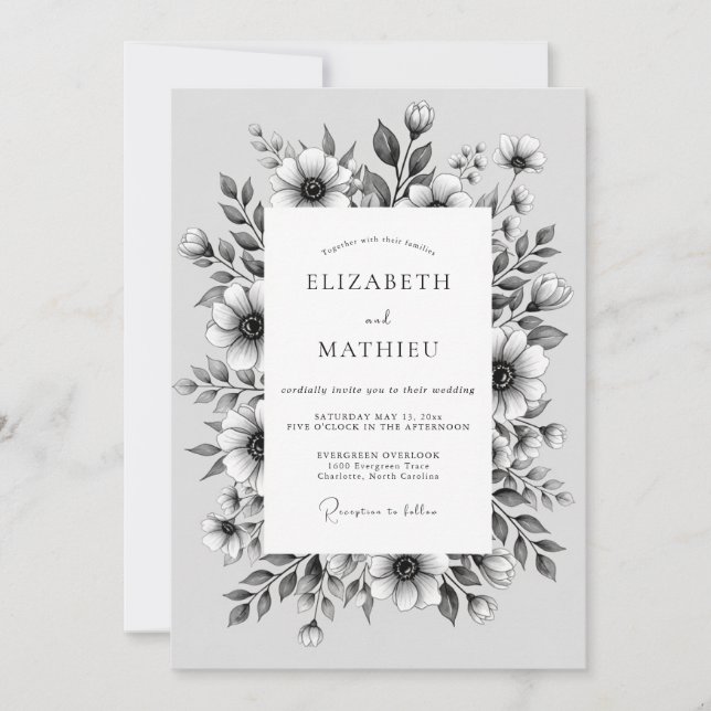 Invitation Mariage Fleuris Nature Gris (Devant)