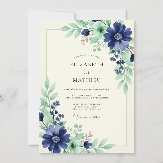 Invitation Mariage Fleuris Nature Navy (Devant)