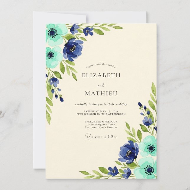 Invitation Mariage Fleuris Nature Navy Azur (Devant)