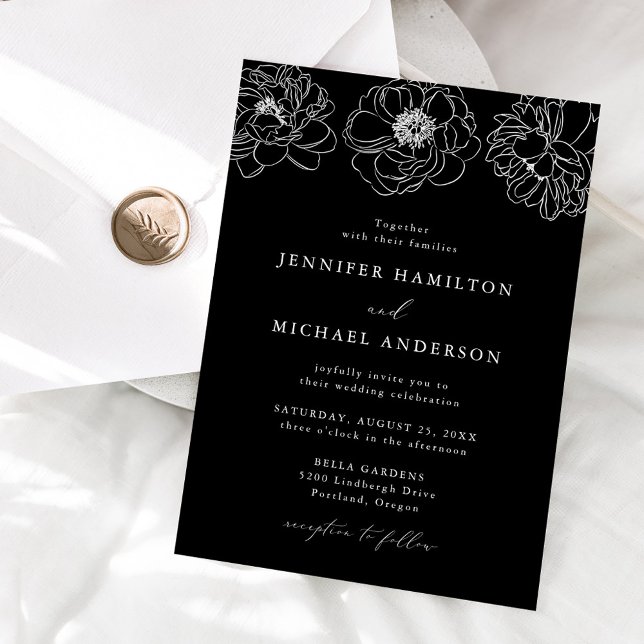 Invitation Mariage Fleuris Noir et Blanc Délicat (Créateur téléchargé)