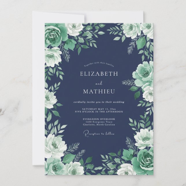 Invitation Mariage Fleuris Ornés Bleu Nuit (Devant)